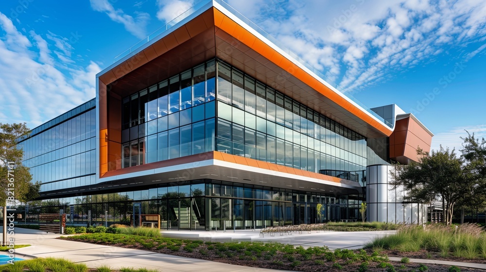 Obraz premium buildings with bold geometric forms, energy-efficient facades, and green building certifications, reflecting a commitment to environmental stewardship and employee well-being