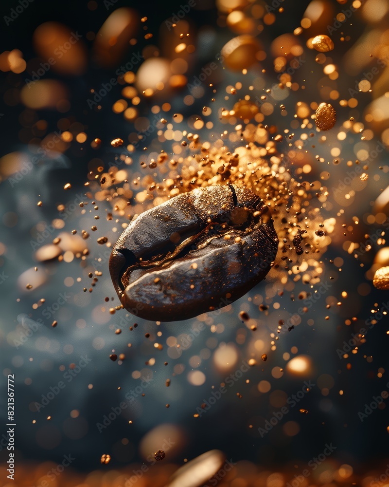 macro photography of a fragmented explosion of a single coffee bean, macro photography of a fragmented explosion of a single coffee bean,
