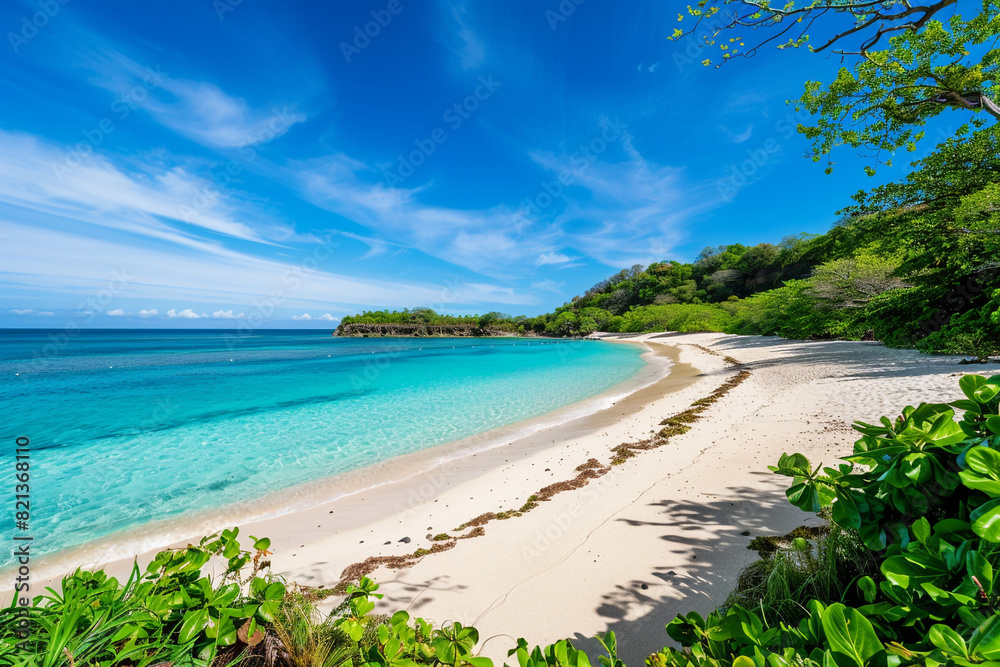 A tropical beach with pristine white sand and crystal-clear blue waters, surrounded by lush green vegetation under a clear, sunny sky