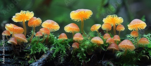 Group of mushrooms growing on mossy log photo