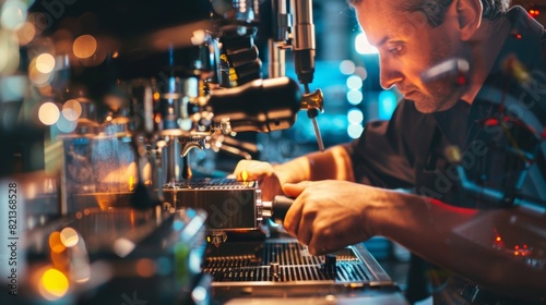 A barista carefully adjusting the settings on the coffee circuit mimicking the precision of particle physicists adjusting their instruments.
