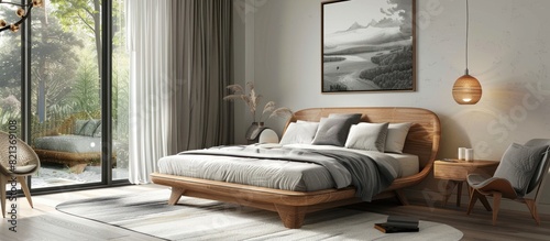 Modern bedroom with bed, chair, and window © FryArt Studio