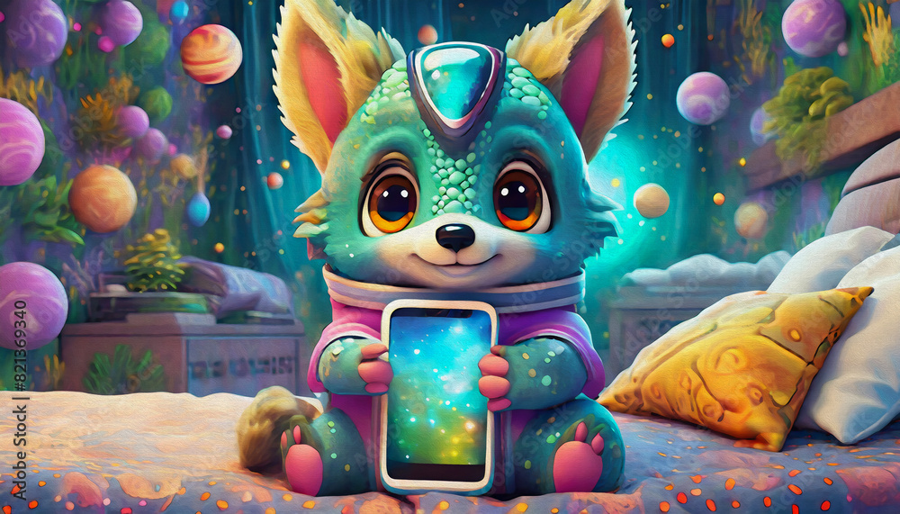 oil painting style baby Wolf Astronaut Exploring Cosmic Galaxy with Smartphone in Bedroom, oil painting style baby Wolf Astronaut Exploring Cosmic Galaxy with Smartphone in Bedroom,