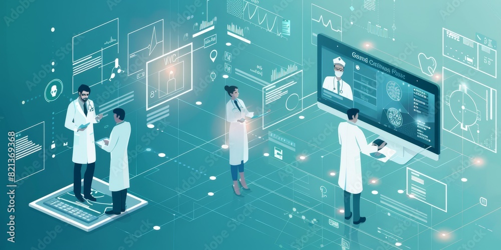 A team of doctors using a telemedicine system to remotely consult with a patient in a different location. A team of doctors using a telemedicine system to remotely consult with a patient in a different location.