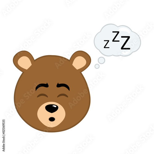 vector illustration face brown grizzly bear cartoon, sleeping and a cloud thought with the text zzz