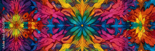 Bright and colorful digital artwork with a kaleidoscopic floral symmetrical pattern