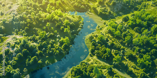 An aerial view of a green river in the jungle