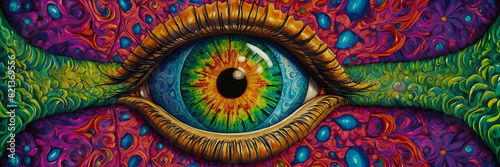 Colorful and intricate illustration of an eye surrounded by swirling patterns