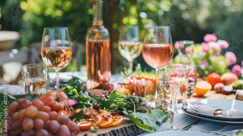 holiday summer brunch party table outdoor in a house backyard with appetizer  glass of ros  C  wine  fresh drink and organic vegetables