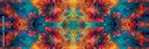 A colorful and vivid symmetric abstract design with floral kaleidoscope patterns, ideal for creative backgrounds