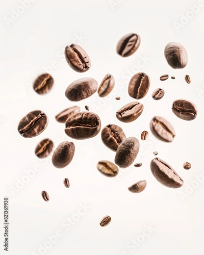 flying coffee beans on a white background  depth of field  advertising style