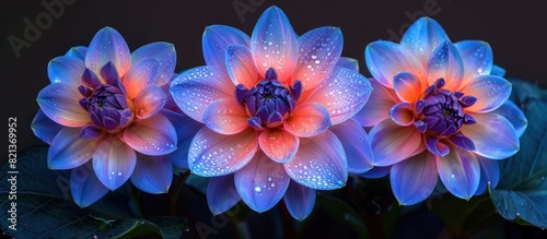 Three blue and pink flowers with water droplets