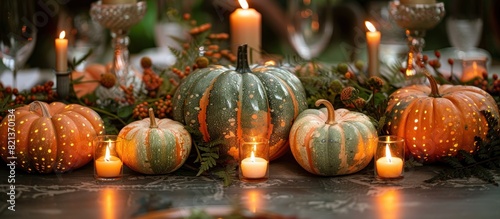 Table decorated with pumpkins and candles