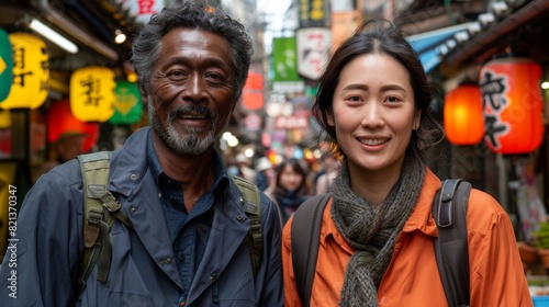Two individuals smiling widely in a vibrant street market filled with colorful signs and lanterns, carrying backpacks and dressed in casual outdoor attire