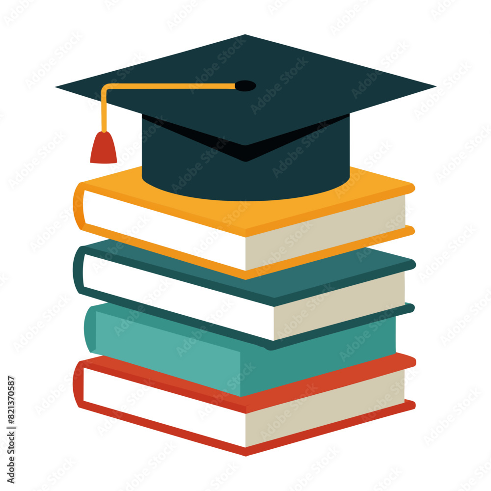 Vecteur Stock Stack of books with a graduation cap on top represents ...