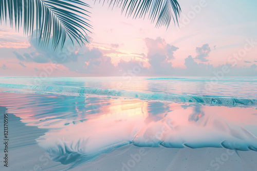 A tropical beach at sunrise  with soft pastel hues reflecting on the water and pristine sand  palm fronds swaying in the morning breeze