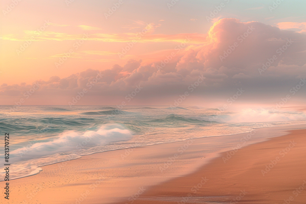 A tropical beach at dawn, with soft golden sand and gentle waves, the sky awash in soft pink and orange hues