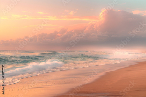 A tropical beach at dawn, with soft golden sand and gentle waves, the sky awash in soft pink and orange hues