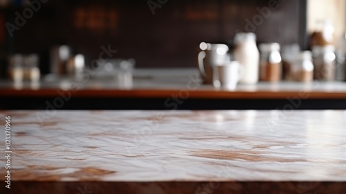 Wooden kitchen podium for food product display on marble counter  ideal for restaurant presentations