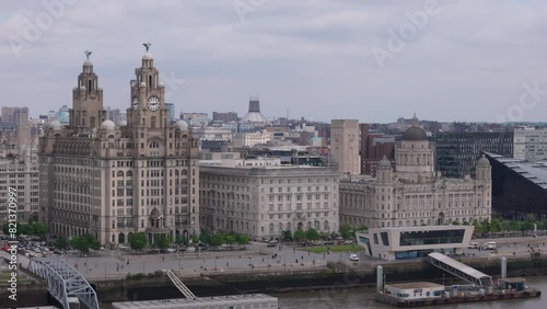Aerial view of Liverpool skyline with the Three Graces in the centre of the frame photo