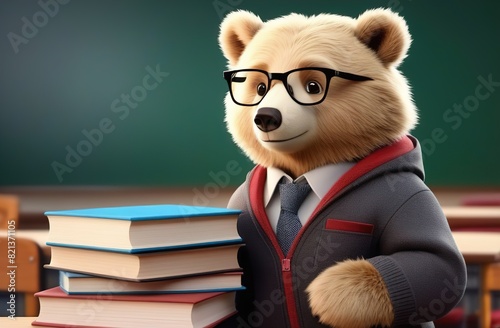 A bear in the image of a teacher, wearing glasses and a jumper, stands in a school classroom. There are books on the table next to it. There is a blackboard in the back
