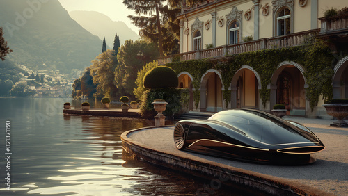 Retro Futuristic Black Sports Car Parked Outside Villa by a Lake - GENERATIVE AI