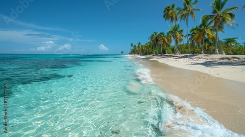 A breathtaking tropical beach with crystal clear turquoise waters, pristine sandy shore, and tall palm trees against a backdrop of a clear blue sky