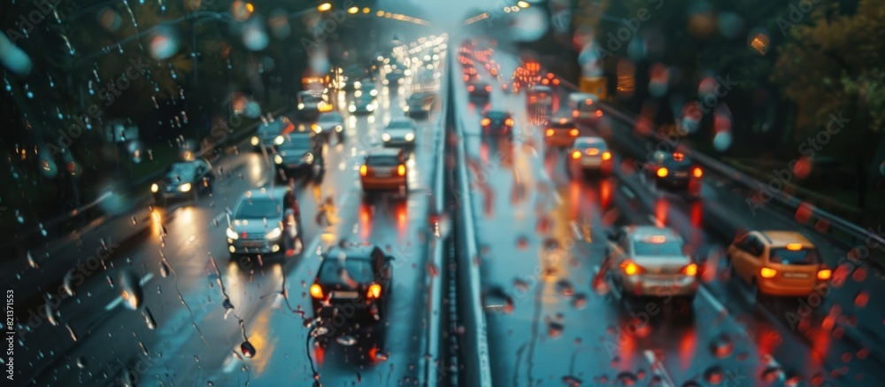 Bustling city street with heavy traffic on rainy day Bustling city street with heavy traffic on rainy day