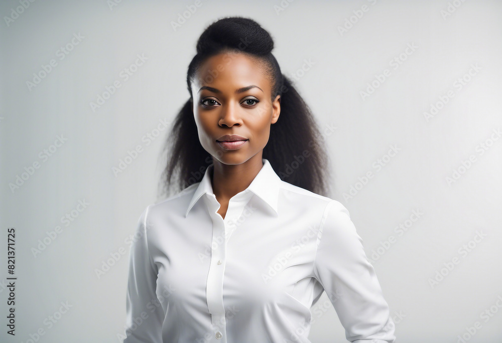 Portrait of an African American business women in a white shirt, isolated white background
