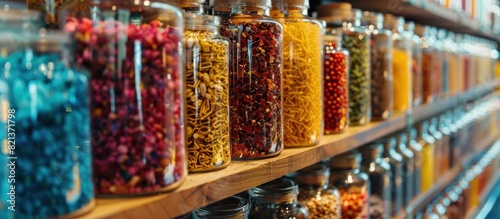 Colorful glass jars displaying varied aromas in a mall on a bright day