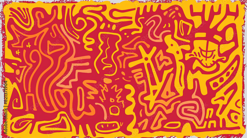 Vibrant red and yellow doodle art illustration