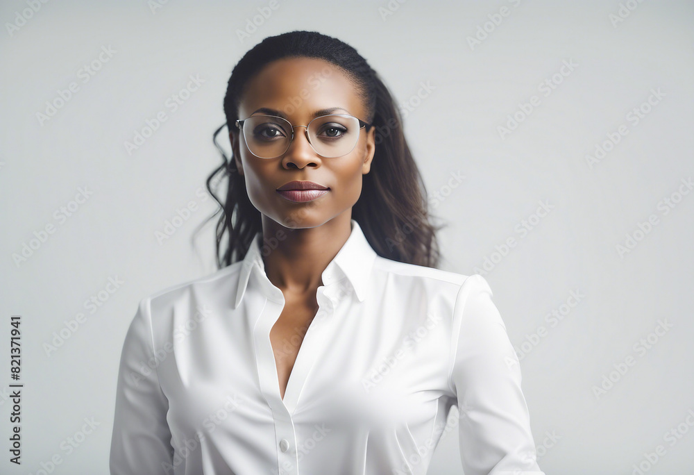 Portrait of an African American business women in a white shirt, isolated white background
