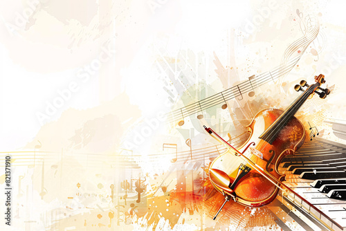 composition featuring a violin, piano keys, and musical notes on a colorful background