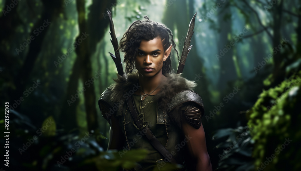 Obraz premium Handsome African American young elf man in the fantasy mythical forest.