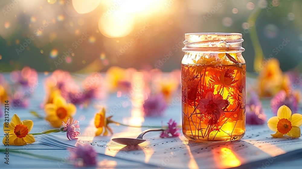 A jar filled with liquid sits atop a table, surrounded by a bouquet of flowers on a tablecloth A jar filled with liquid sits atop a table, surrounded by a bouquet of flowers on a tablecloth