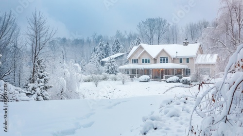 Snow House. Tranquil Winter Scene in Suburban Residential Area Covered in Snow