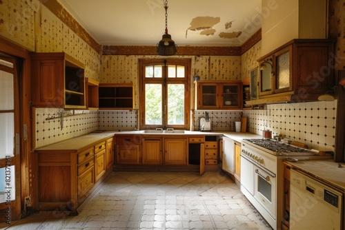 Kitchen Old. Vintage Apartment Interior with Clean Design and Bright Ceilings