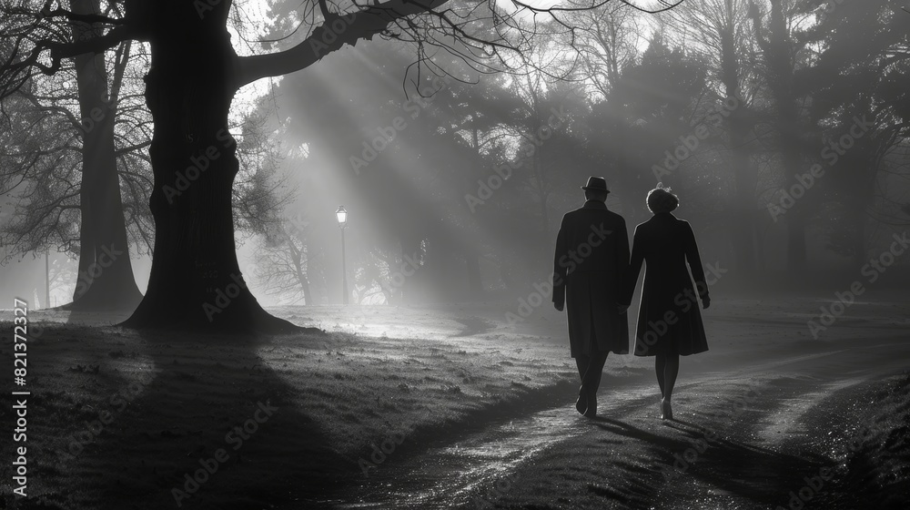 A serene depiction of two individuals walking hand-in-hand through a misty park, as sunlight streams through the trees on a tranquil morning A serene depiction of two individuals walking hand-in-hand through a misty park, as sunlight streams through the trees on a tranquil morning
