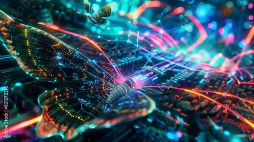 A futuristic 3D rendering of a cyber network, alive with pulsating energy and vibrant neon hues, set against the backdrop of an abstract cosmic butterfly, its wings aglow with the mysteries of the cos photo