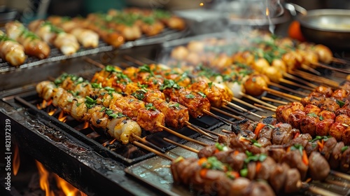 A vibrant and mouth-watering scene of a variety of grilled skewers  featuring an assortment of meats  vegetables  and spices sizzling over a hot grill