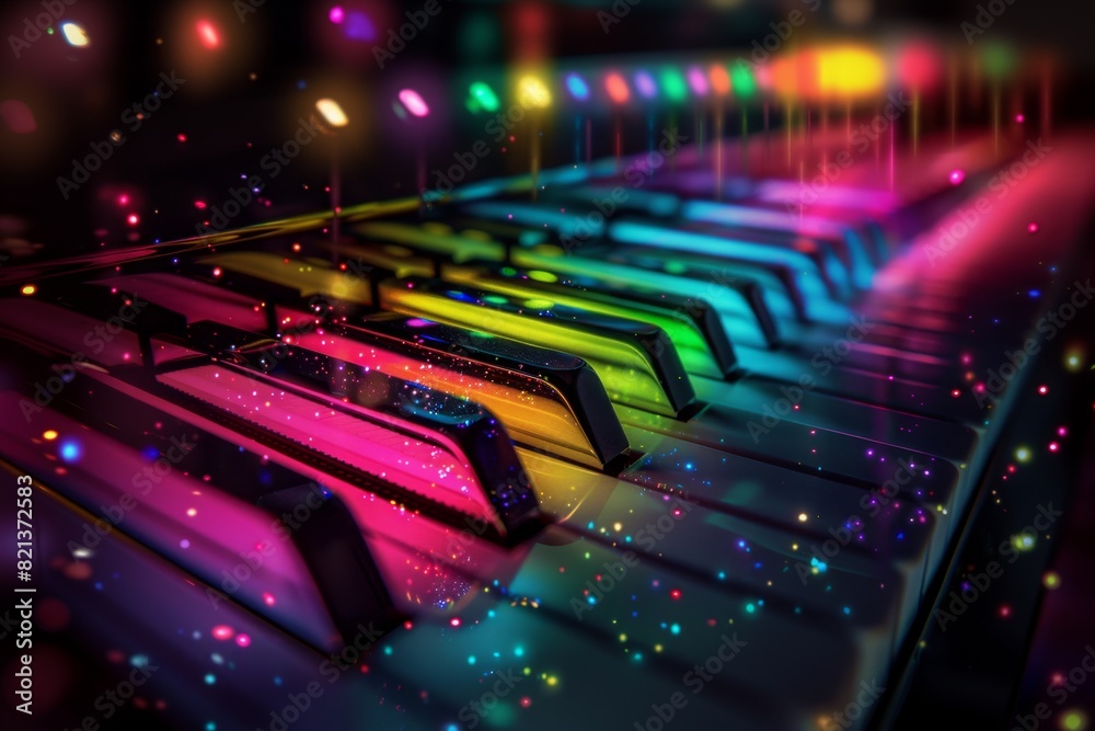 Abstract piano keys illuminated with colorful lights, creating an enchanting and musical atmosphere for music-themed designs. Abstract piano keys illuminated with colorful lights, creating an enchanting and musical atmosphere for music-themed designs.