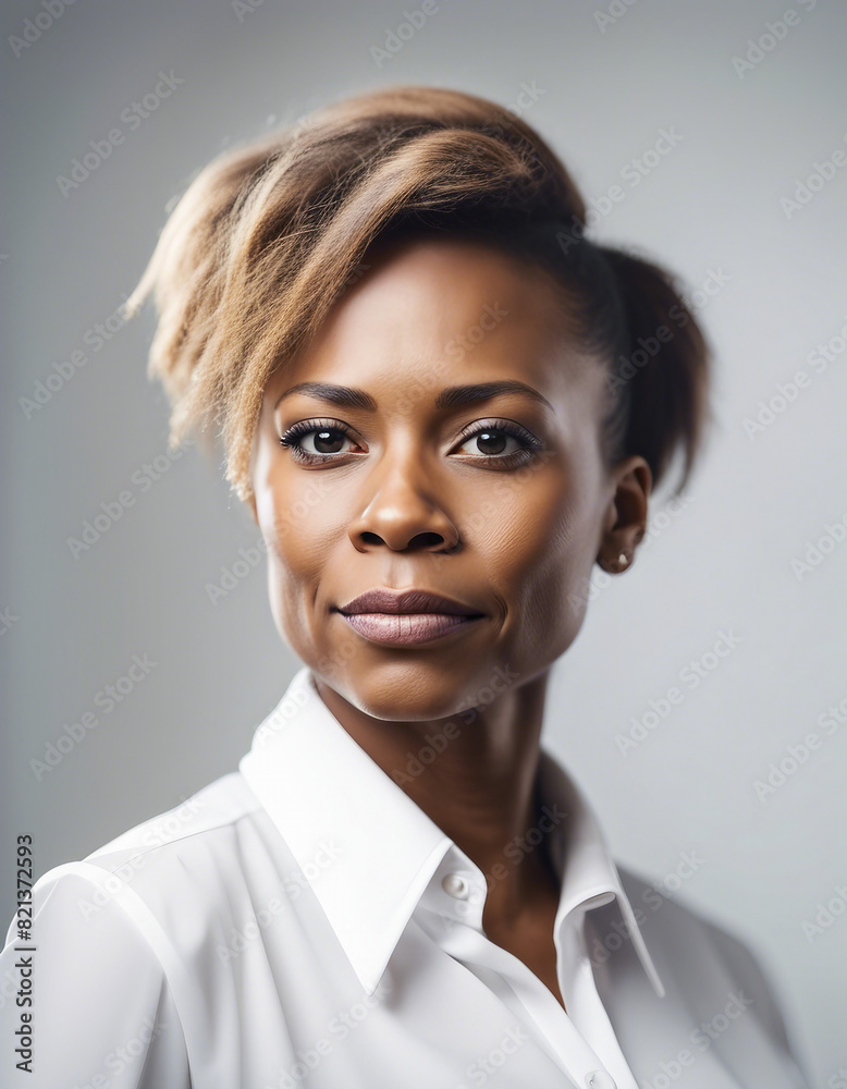 Portrait of an African American business women in a white shirt, isolated white background
Portrait of an African American business women in a white shirt, isolated white background