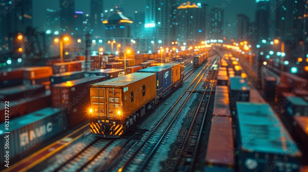 Fototapeta premium A bustling urban railway freight yard illuminated by city lights with numerous freight containers and trains moving through the tracks during twilight