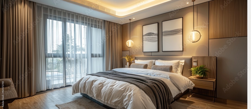 Modern bedroom with large bed and sliding glass door Modern bedroom with large bed and sliding glass door