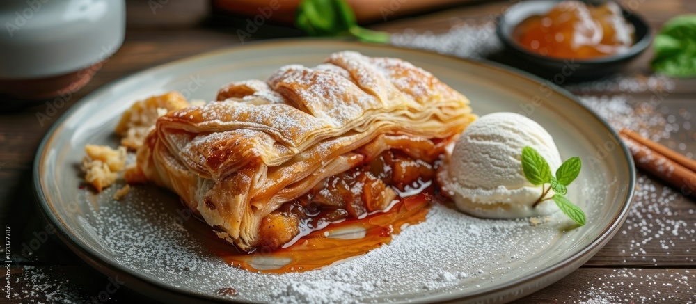 Delectable apple pie slice on plate with scoop of ice cream