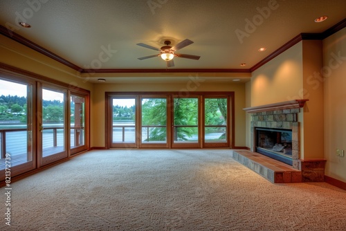 Carpet Room. Beautiful Living Room with Fireplace and Walkout Deck photo