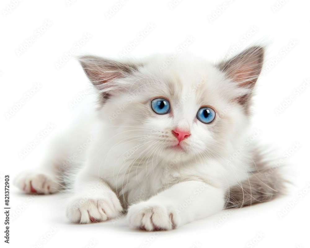 White Cat Isolated. Ragdoll Kitten Portrait on White Background