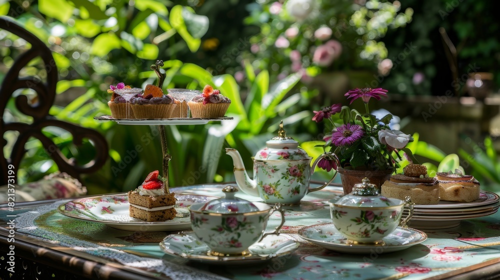 Afternoon high tea in a secret garden, elegant and quaint --ar 16:9 Job ID: 0f88e1d5-3031-4c84-b028-4aecfd0ba94e