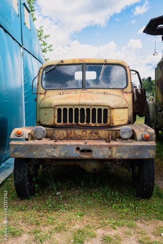 Old abandoned rusty military truck.