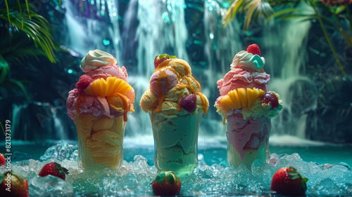 Three ice cream sundaes with fruit toppings near a waterfall. photo